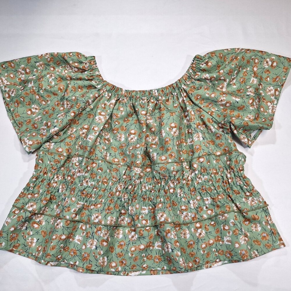 Girls Green Floral Off‑Shoulder Elastic Blouse